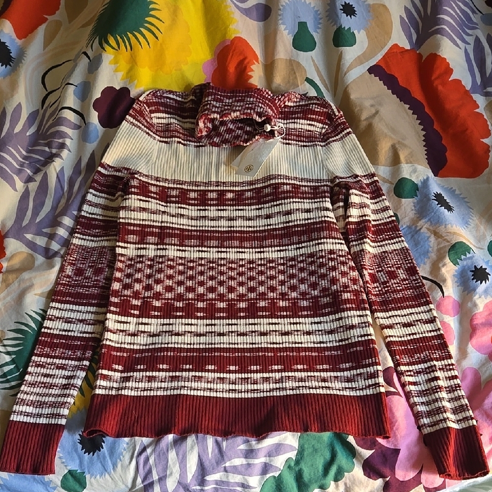 Tory Burch Red and White Cowl & Turtlenecks Sweater